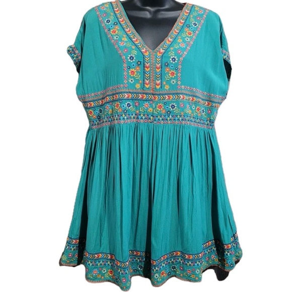 Savanna Jane Tops - Savanna Jane Teal Embroidered V-Neck Mini Dress Lined Size L